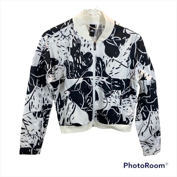 Adidas ladies Athletic Black and White Print Bomber Jacket Size XS - Picture 3 of 16